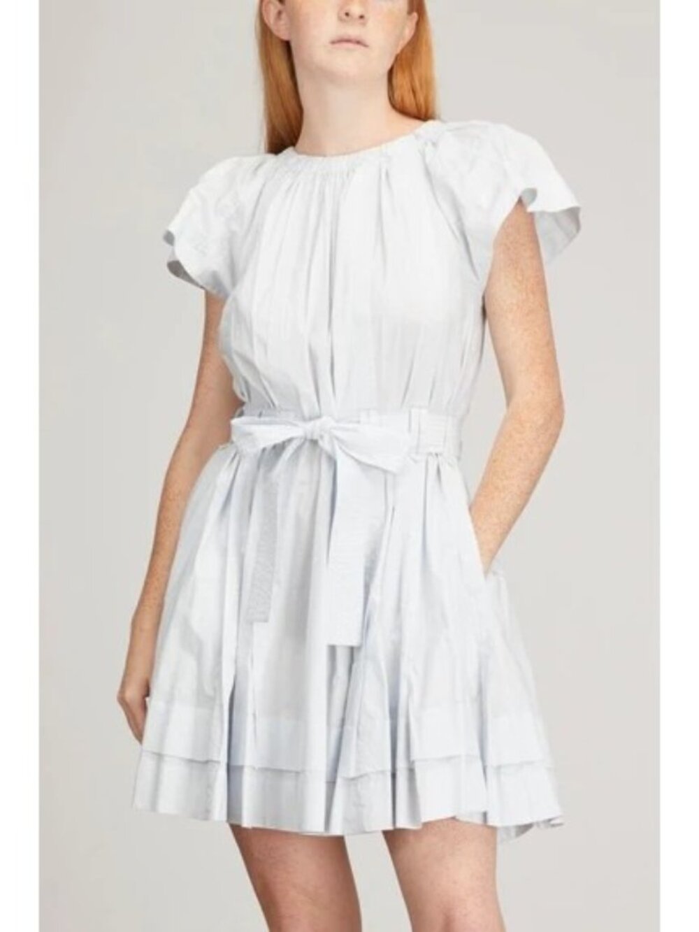 🆕ULLA JOHNSON Mae Mini Dress Sea Glass Blue Cotton Flutter Sleeve Belted 8 - Picture 3 of 12